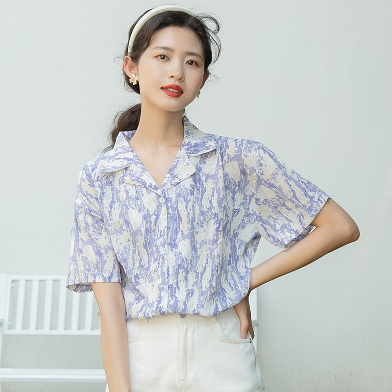 Loose lapel tops summer printing shirt for women