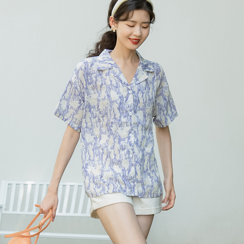 Loose lapel tops summer printing shirt for women