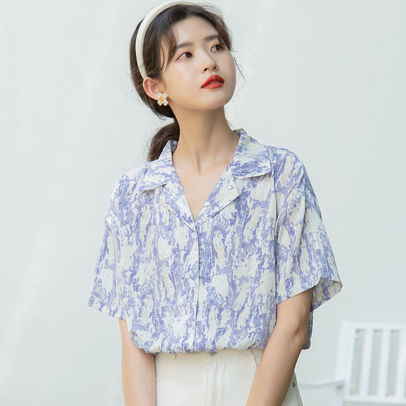 Loose lapel tops summer printing shirt for women