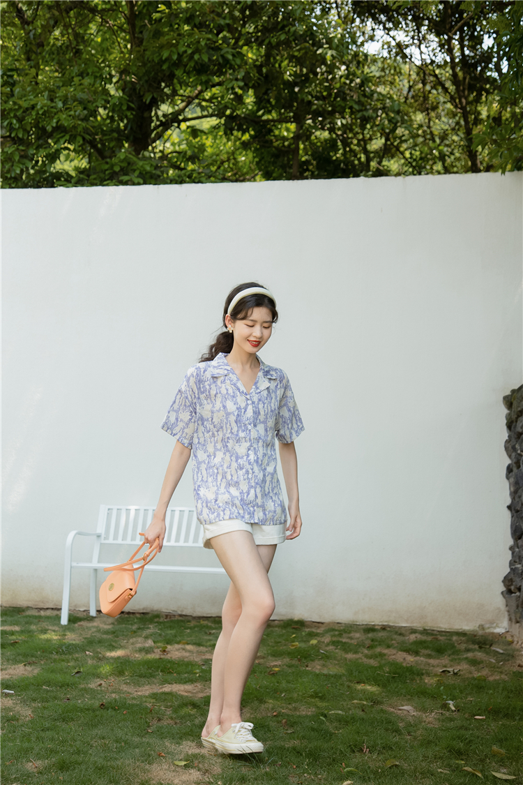 Loose lapel tops summer printing shirt for women