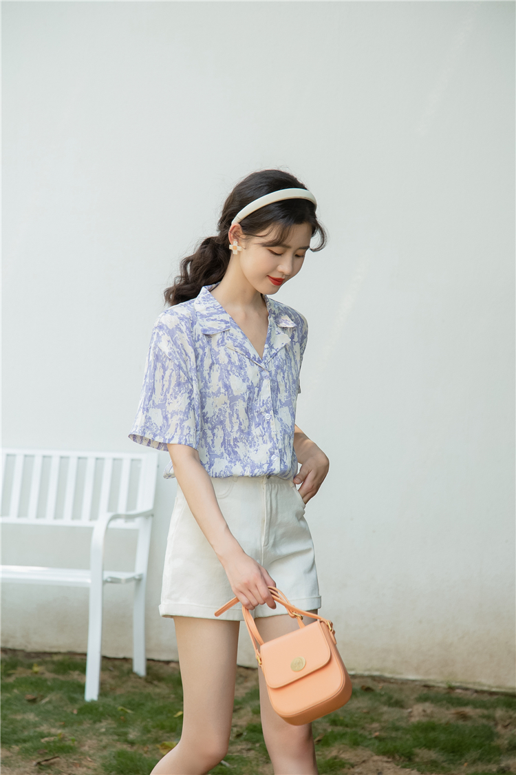 Loose lapel tops summer printing shirt for women