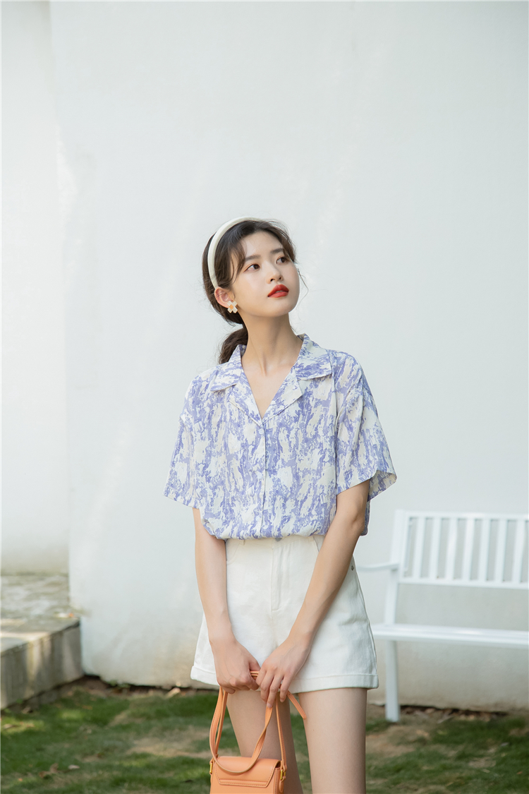 Loose lapel tops summer printing shirt for women