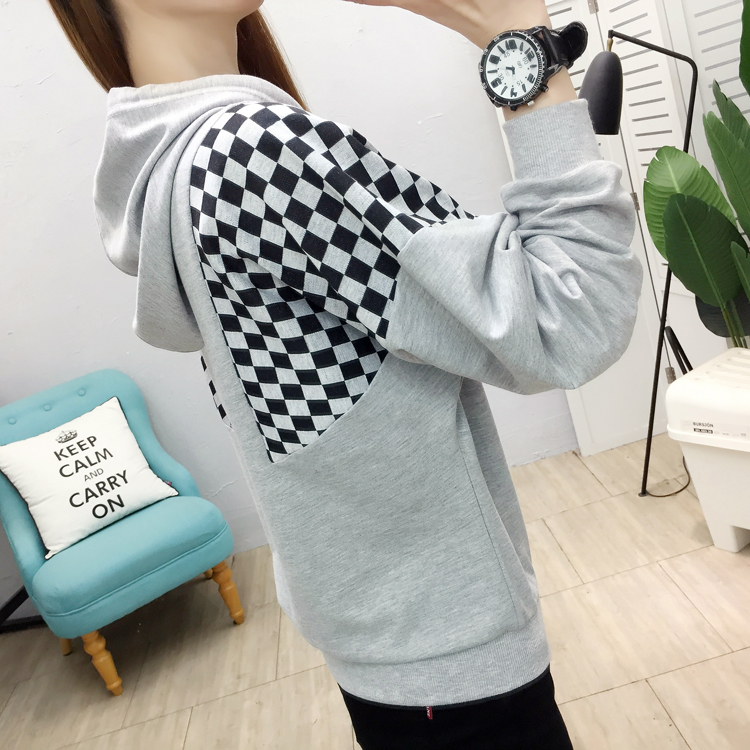 Plaid splice tops long sleeve hoodie for women