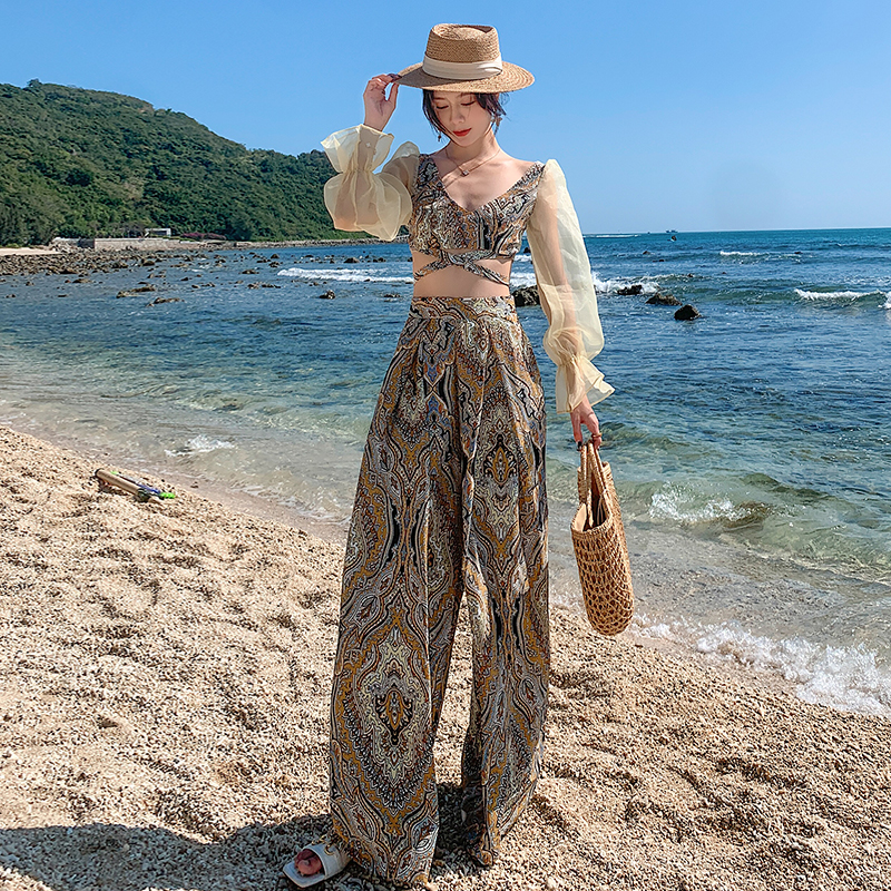 Vacation Thailand fashion seaside wide leg pants 2pcs set