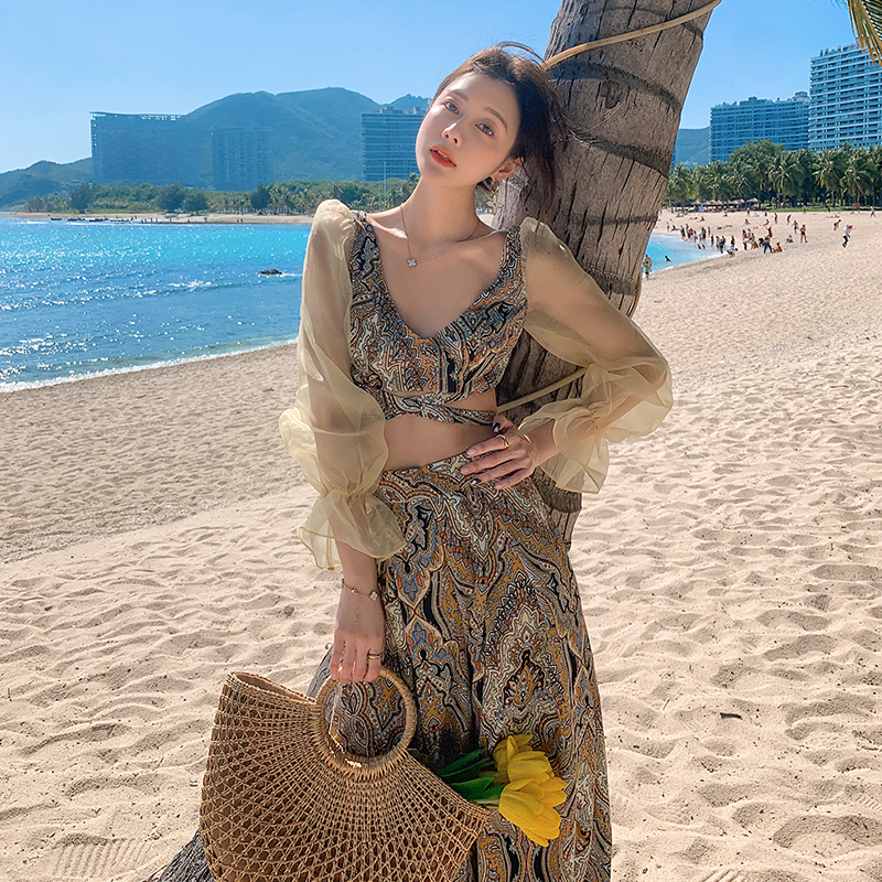 Vacation Thailand fashion seaside wide leg pants 2pcs set