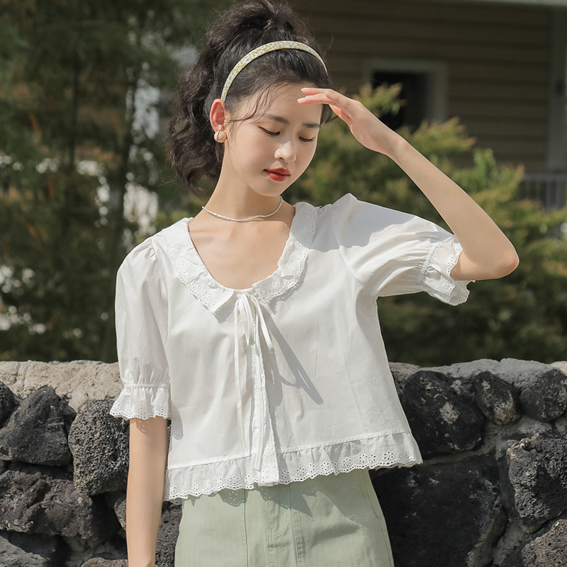 Lotus leaf edges puff sleeve tops summer shirt for women