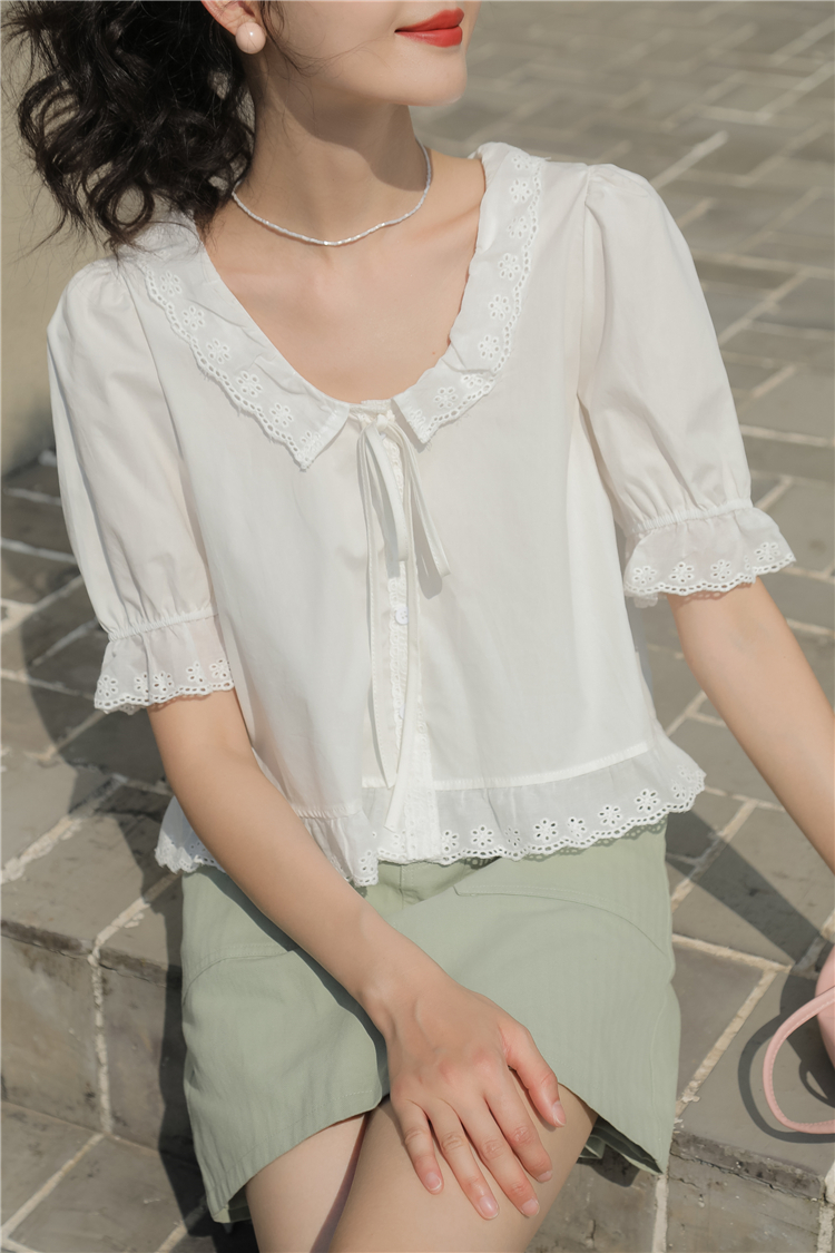 Lotus leaf edges puff sleeve tops summer shirt for women