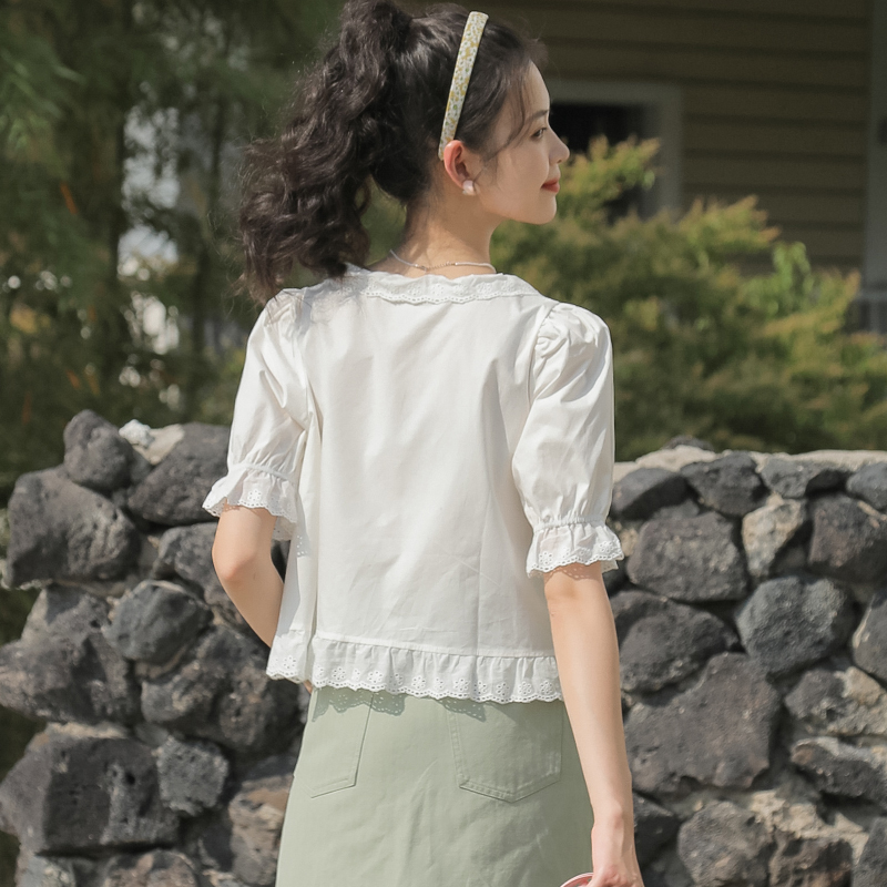 Lotus leaf edges puff sleeve tops summer shirt for women