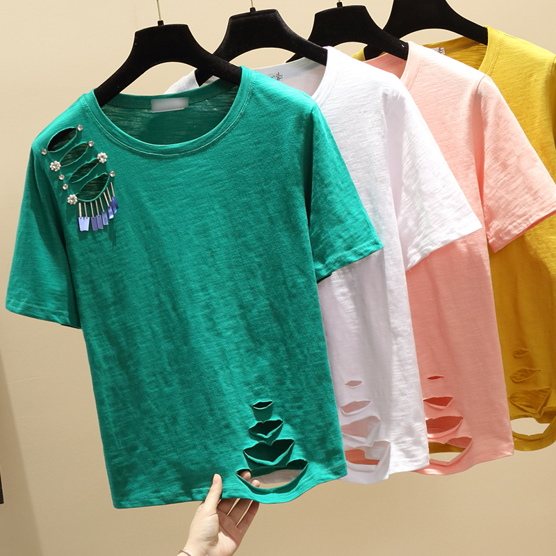 Loose Korean style T-shirt beading short sleeve tops for women