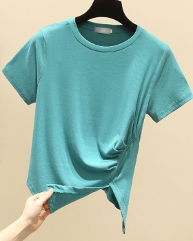 Loose short sleeve split tops irregular pure cotton T-shirt