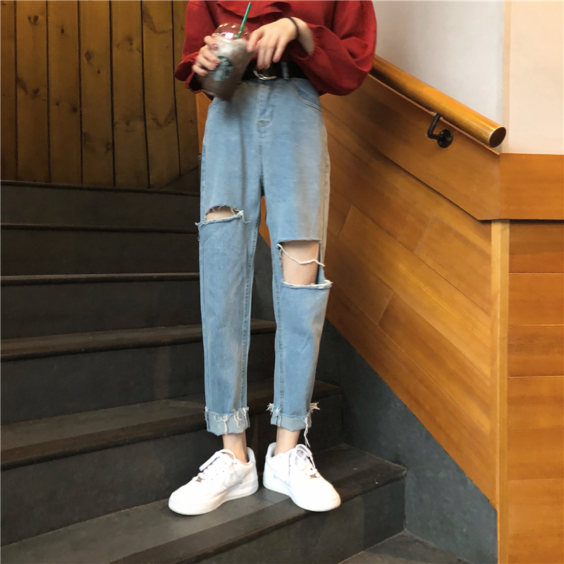 Straight pants Korean style nine pants holes retro jeans