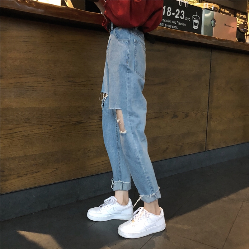 Straight pants Korean style nine pants holes retro jeans