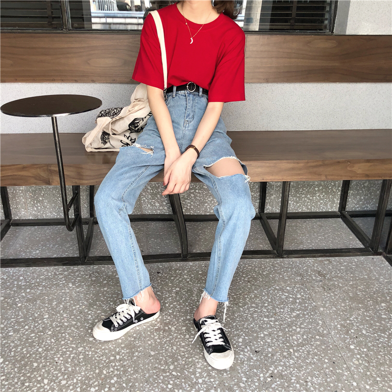 Straight pants Korean style nine pants holes retro jeans