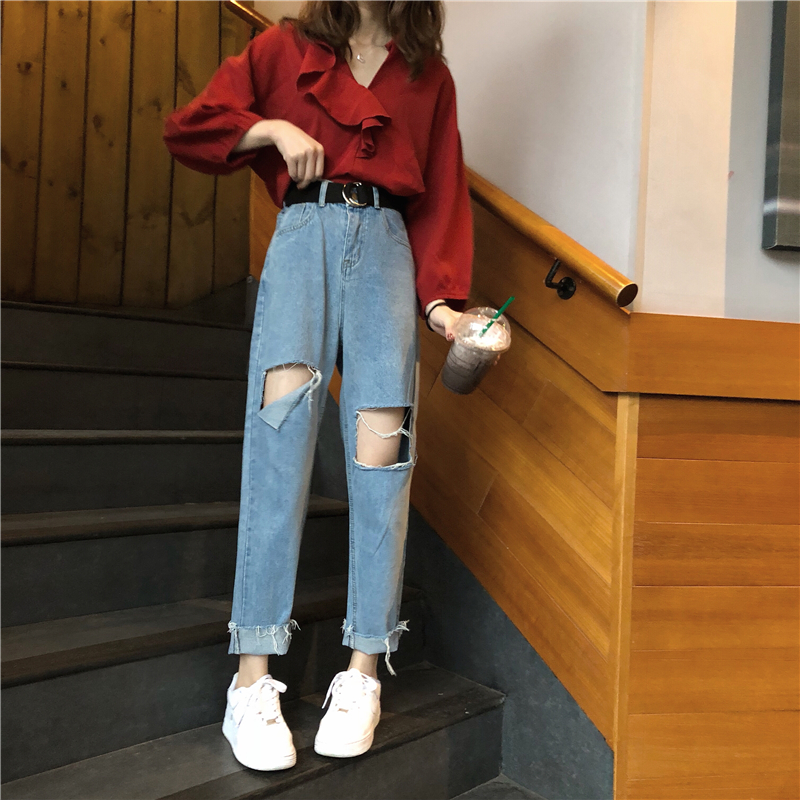 Straight pants Korean style nine pants holes retro jeans