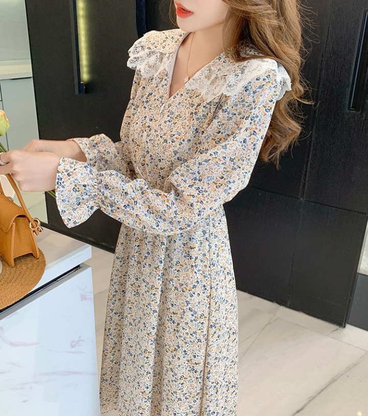 Tender pinched waist slim floral doll collar dress