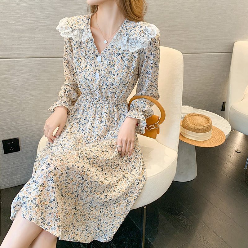 Tender pinched waist slim floral doll collar dress