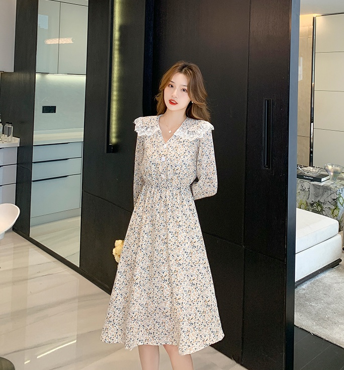 Tender pinched waist slim floral doll collar dress