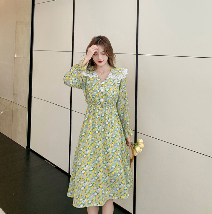 Temperament splice floral doll collar pinched waist slim dress