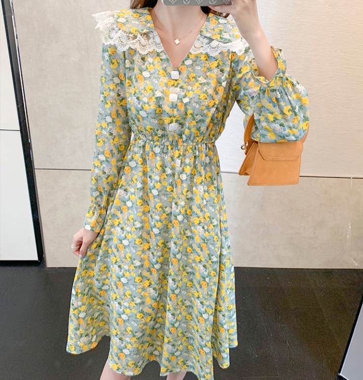 Temperament splice floral doll collar pinched waist slim dress