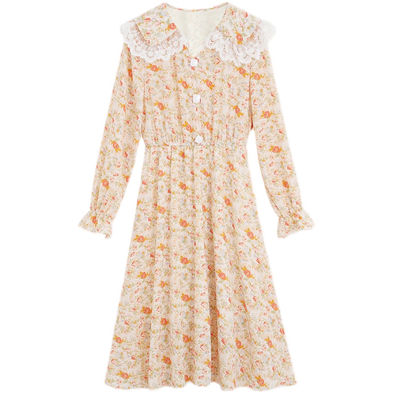 Temperament splice floral doll collar pinched waist slim dress