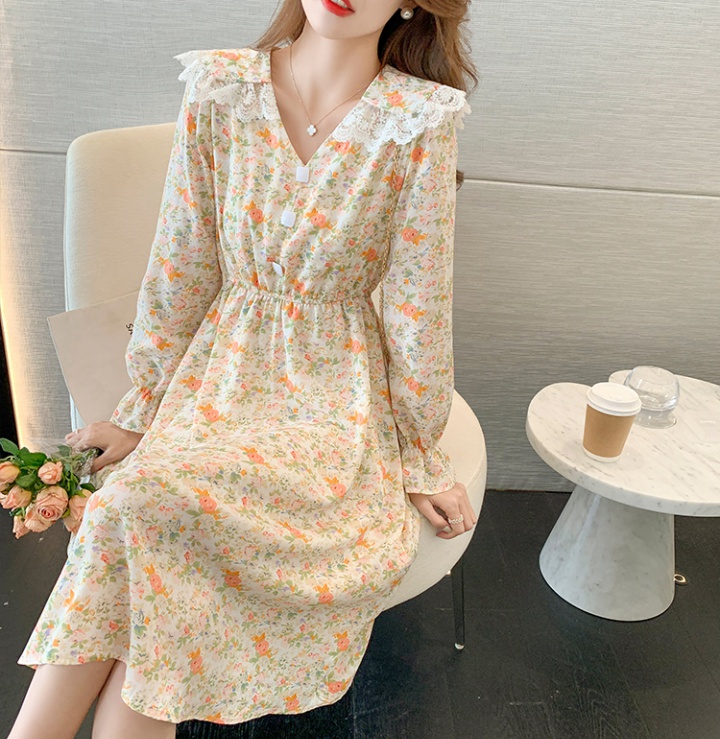 Temperament splice floral doll collar pinched waist slim dress