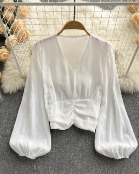 Fold white shirt lantern sleeve pinched waist tops