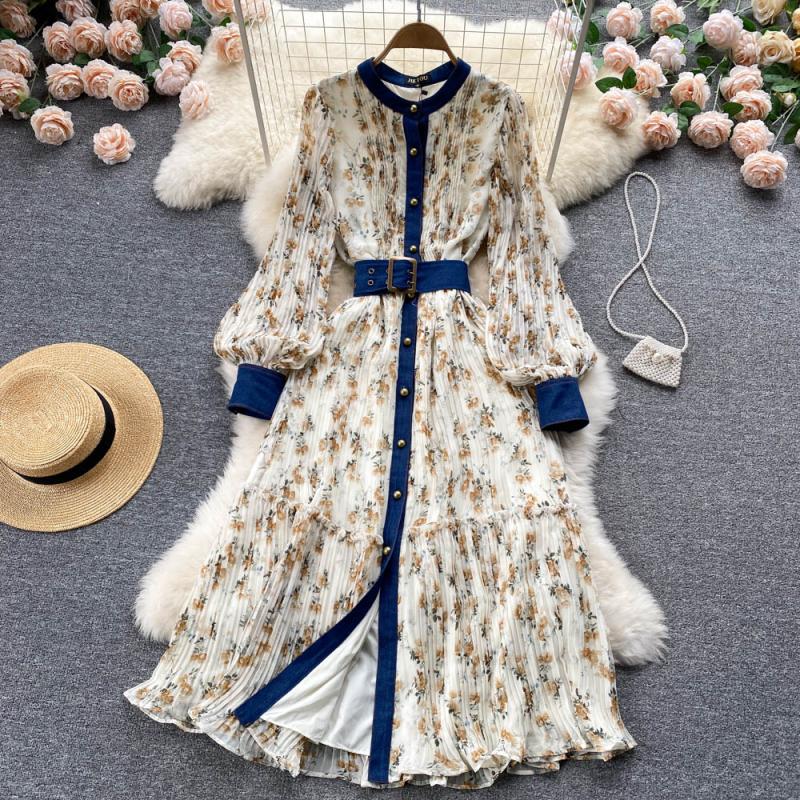 Single-breasted floral long dress round neck dress