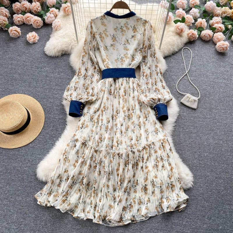 Single-breasted floral long dress round neck dress