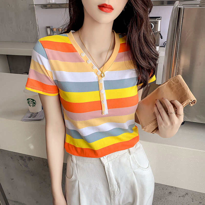 Pure cotton short sweater rainbow T-shirt for women