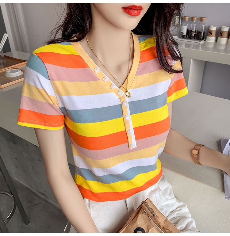 Pure cotton short sweater rainbow T-shirt for women