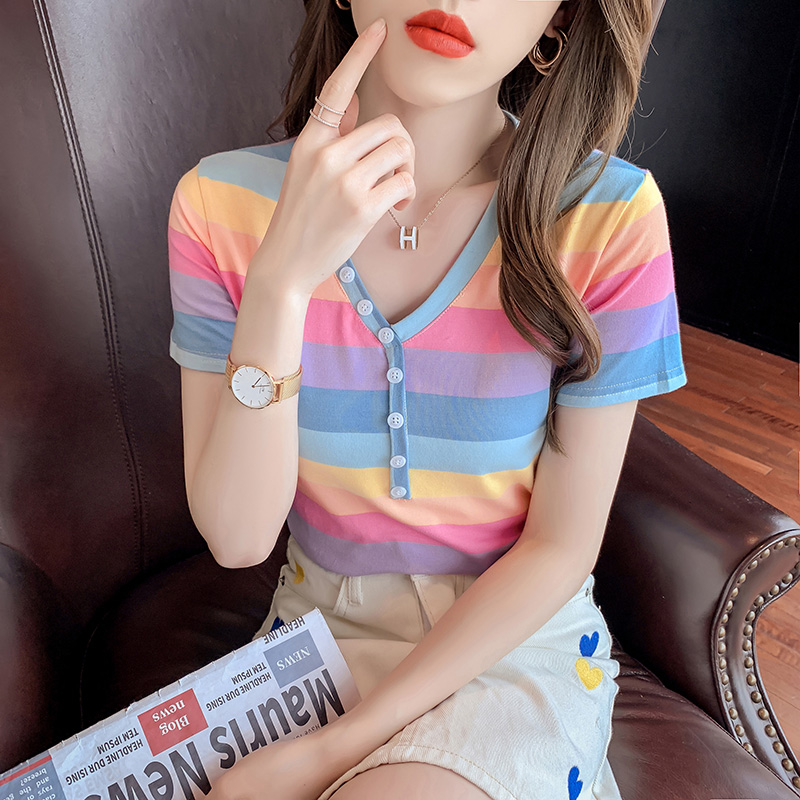 Pure cotton short sweater rainbow T-shirt for women