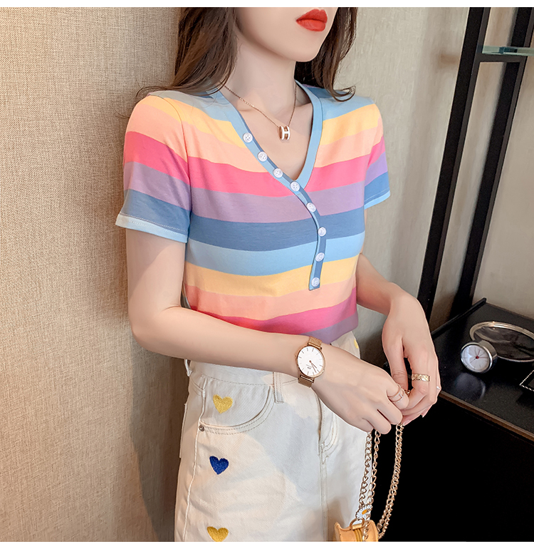 Pure cotton short sweater rainbow T-shirt for women