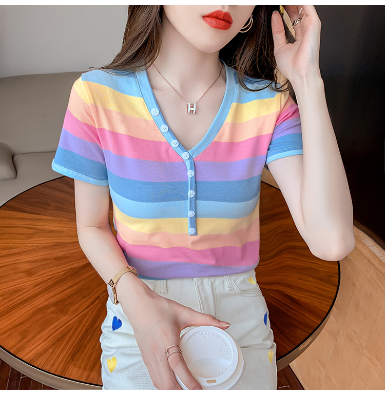 Pure cotton short sweater rainbow T-shirt for women