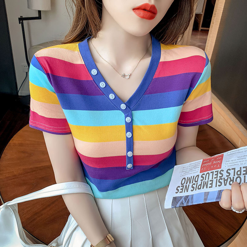 Pure cotton short sweater rainbow T-shirt for women