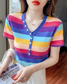 Pure cotton short sweater rainbow T-shirt for women