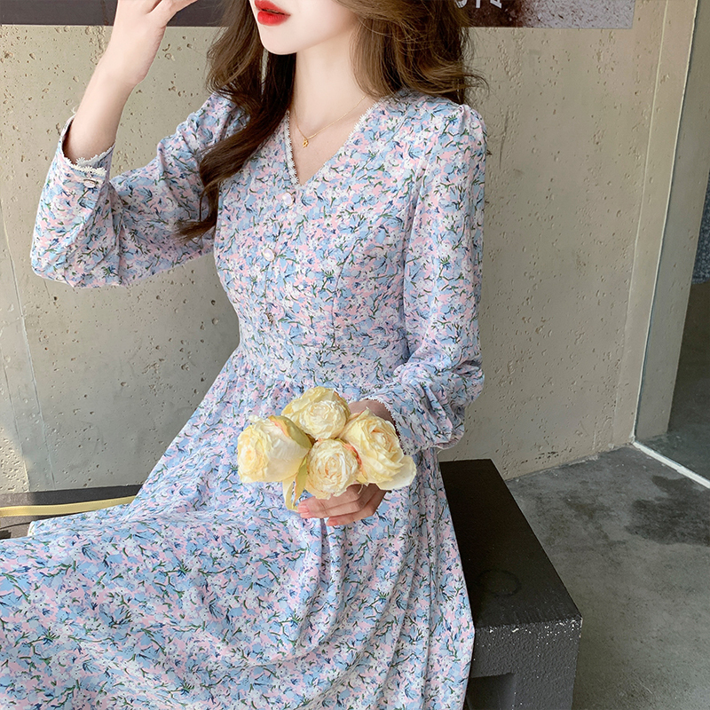 Chiffon floral long sleeve long dress bandage spring dress