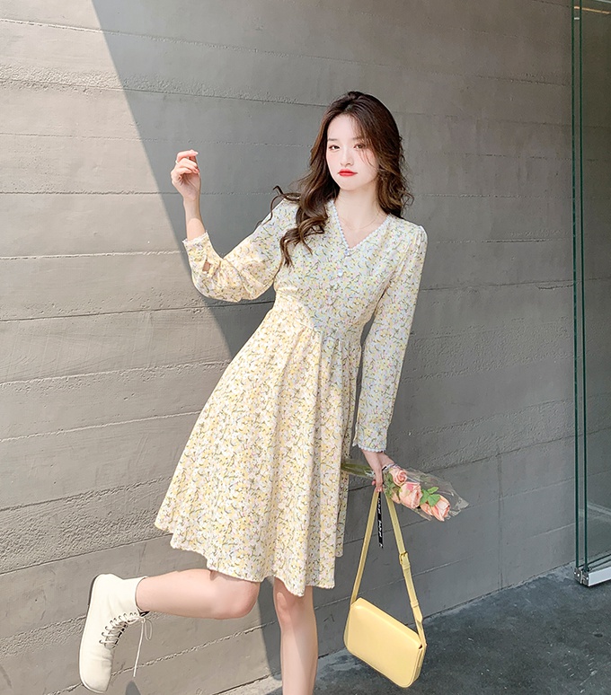 Chiffon floral long sleeve long dress bandage spring dress