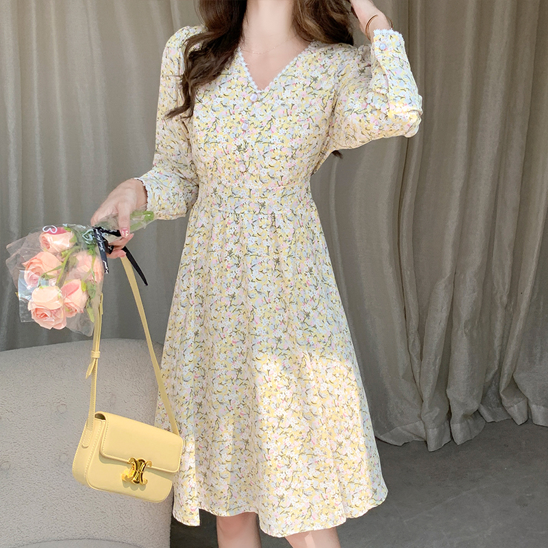 Chiffon floral long sleeve long dress bandage spring dress