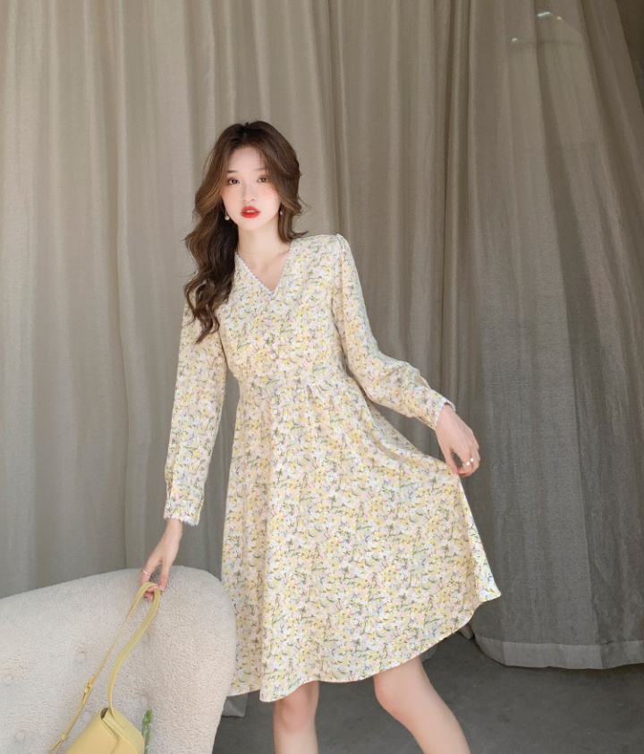 Chiffon floral long sleeve long dress bandage spring dress