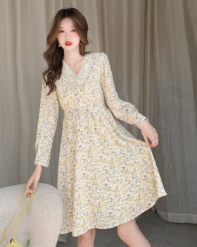 Chiffon floral long sleeve long dress bandage spring dress