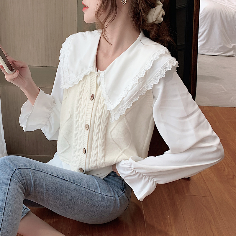 Lace temperament slim shirt splice doll collar tops for women