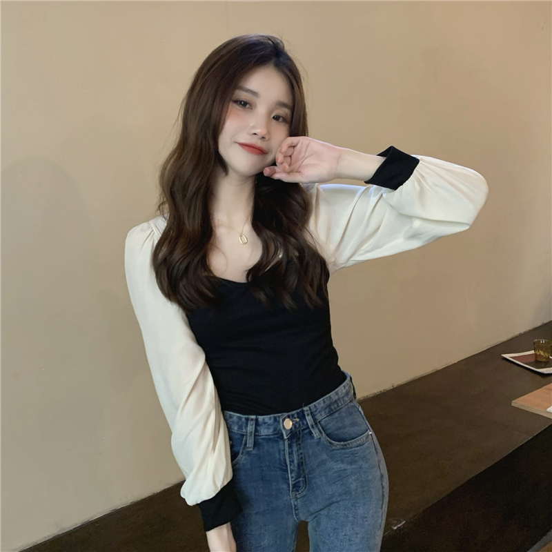 Spring slim long sleeve tops temperament square collar sweater