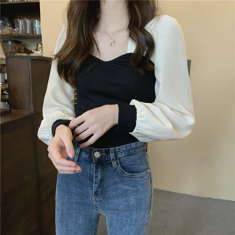 Spring slim long sleeve tops temperament square collar sweater