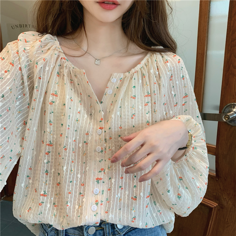 Long sleeve splice shirt floral single-breasted tops