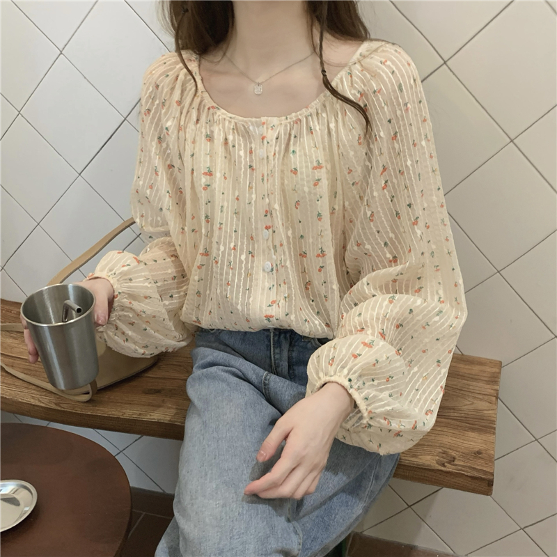 Long sleeve splice shirt floral single-breasted tops