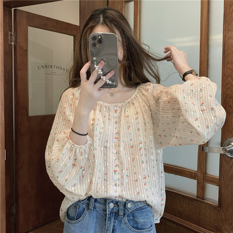 Long sleeve splice shirt floral single-breasted tops