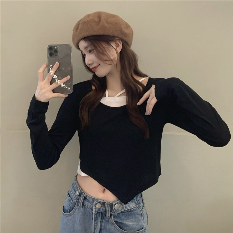 Pseudo-two long sleeve T-shirt short tops for women