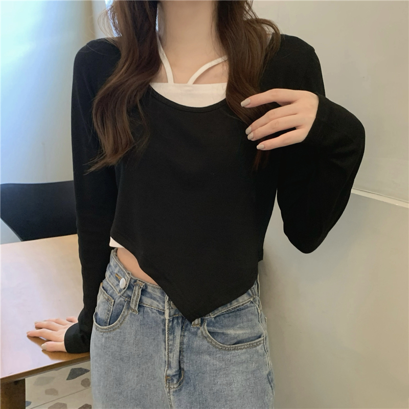 Pseudo-two long sleeve T-shirt short tops for women