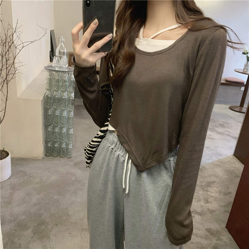 Pseudo-two long sleeve T-shirt short tops for women