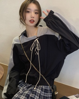 Long sleeve irregular tops lapel black-gray sweater